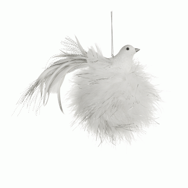 Christmas Ornament Bird on Fluffy Nest Ball White 14cmD