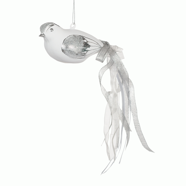 Christmas Ornament Bird White Silver 15cmL